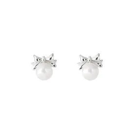 925 Silver Bow Pearl Ball Back Earrings