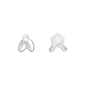 925 Silver Camellia Pearl Asymmetric Earrings