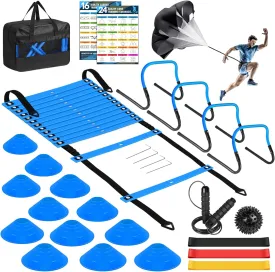 Agility Speed Training Equipment Set - 20ft Speed Ladder, 12 Cones, 4 Adjustable Hurdles, Jump Rope, Parachute | Ideal for Basketball, Football, Soccer, for Kids, Youth, Adults