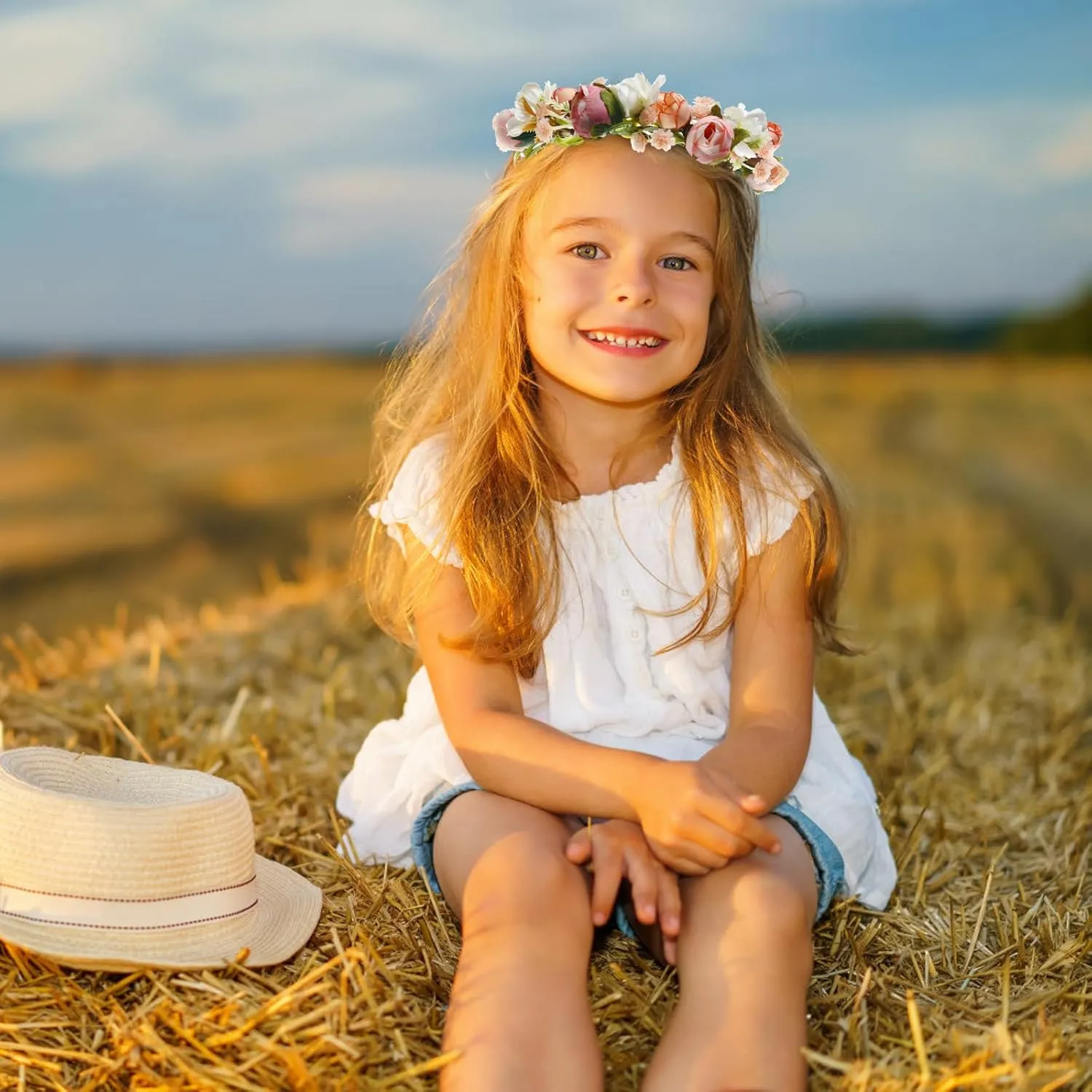 Baby Girls Flower Crown Headpiece - Boho Little Wreaths for Weddings, Family Photography (Pink)