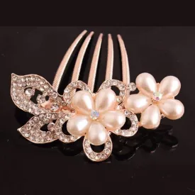 Bouquet Crystal and Pearl Flower Gold Plated Hair Comb