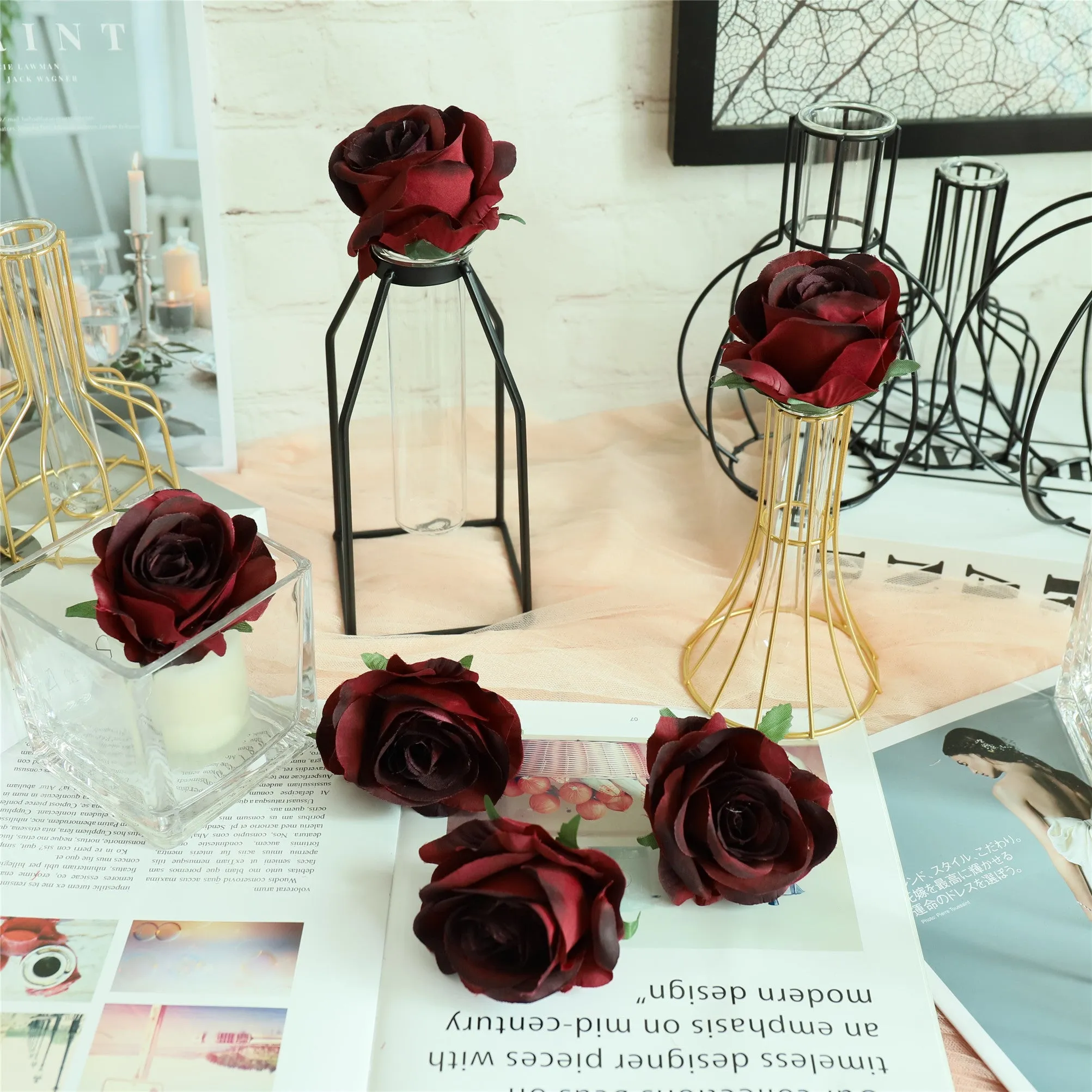 Burgundy Silk Roses Bulk Flowers 100pcs Wedding Floral Supplies
