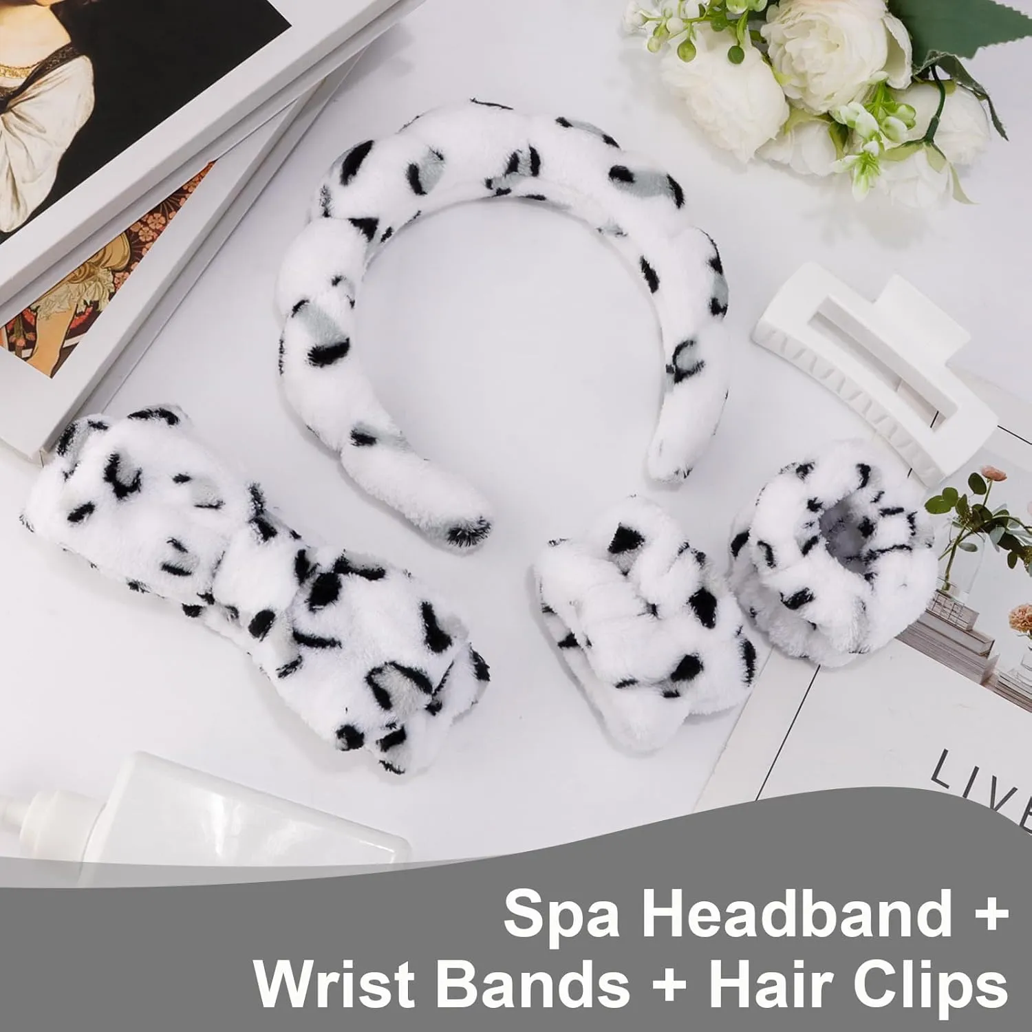 Canitor Sponge Spa Headband Wrist Band with Hair Clips Skincare Headband for Washing Face Puffy Terry Cloth Makeup Headband Cute Preppy Skin Care Teen Girl Gifts Trendy Stuff