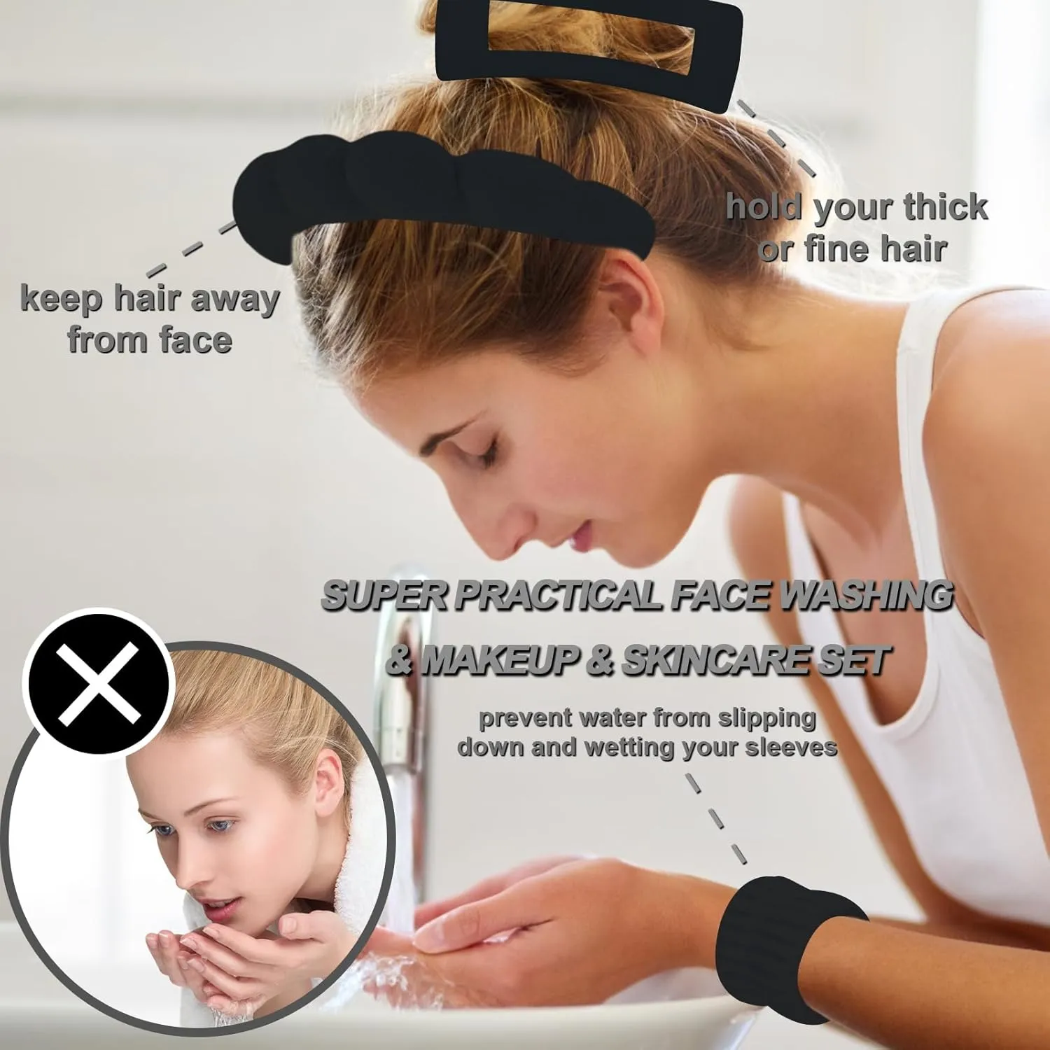 Canitor Sponge Spa Headbands Wristband Set with Hair Clips Skincare Headbands for Washing Face Non Slip Puffy Terry Cloth Makeup Headband Face Wash Wrist Bands Cute Trendy Stuff (black)