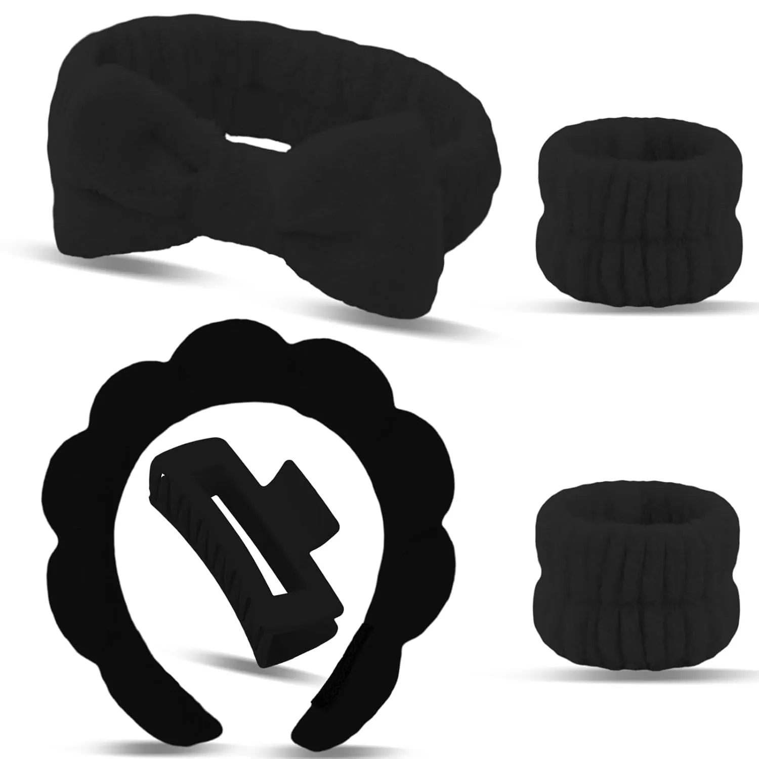 Canitor Sponge Spa Headbands Wristband Set with Hair Clips Skincare Headbands for Washing Face Non Slip Puffy Terry Cloth Makeup Headband Face Wash Wrist Bands Cute Trendy Stuff (black)