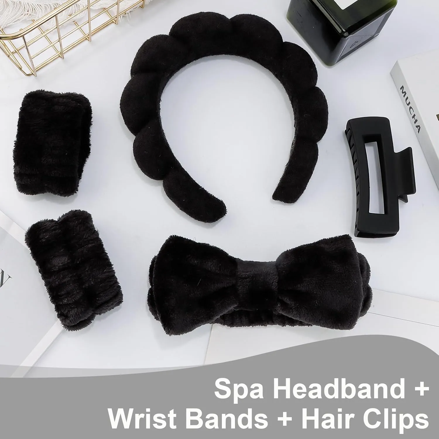Canitor Sponge Spa Headbands Wristband Set with Hair Clips Skincare Headbands for Washing Face Non Slip Puffy Terry Cloth Makeup Headband Face Wash Wrist Bands Cute Trendy Stuff (black)