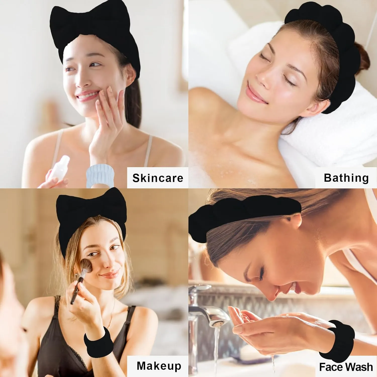 Canitor Sponge Spa Headbands Wristband Set with Hair Clips Skincare Headbands for Washing Face Non Slip Puffy Terry Cloth Makeup Headband Face Wash Wrist Bands Cute Trendy Stuff (black)