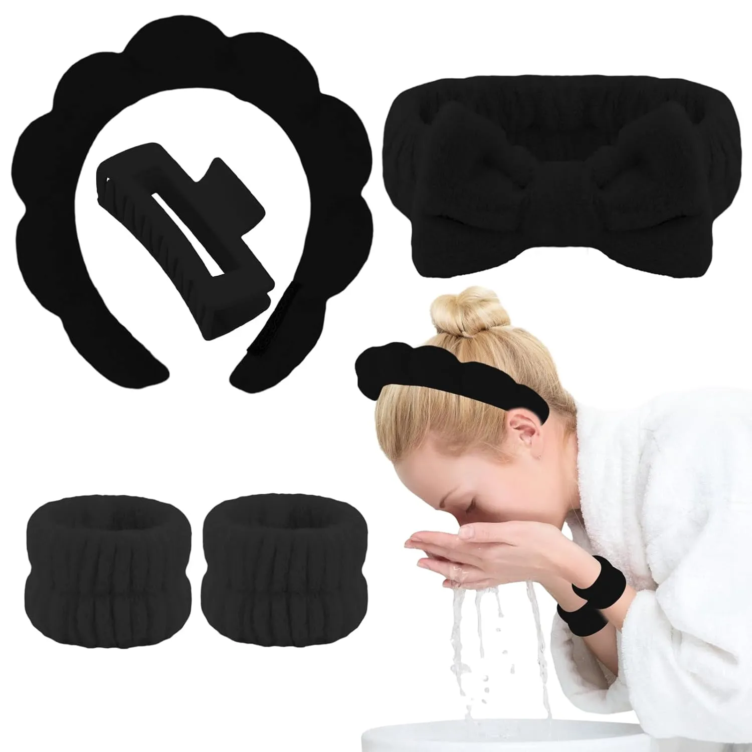 Canitor Sponge Spa Headbands Wristband Set with Hair Clips Skincare Headbands for Washing Face Non Slip Puffy Terry Cloth Makeup Headband Face Wash Wrist Bands Cute Trendy Stuff (black)