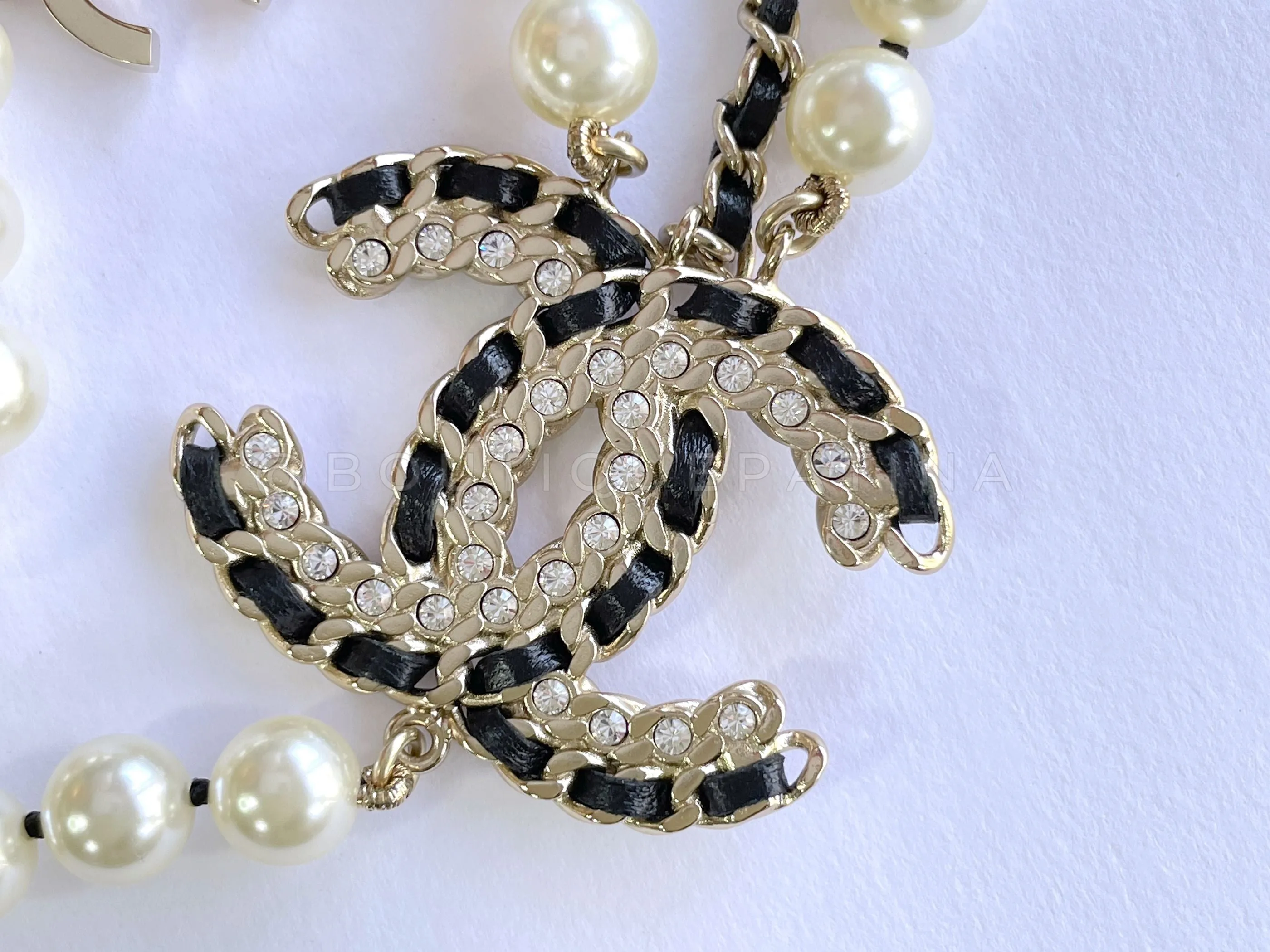 Chanel 20C Long Pearl Necklace Triple Strand Crystal Woven CC