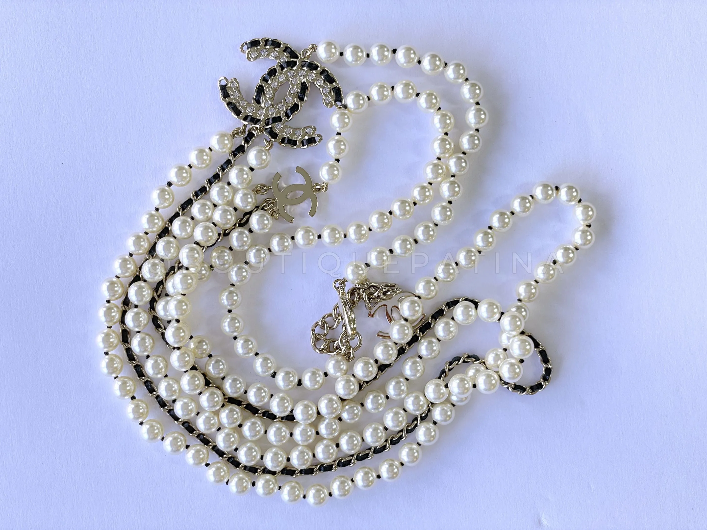 Chanel 20C Long Pearl Necklace Triple Strand Crystal Woven CC