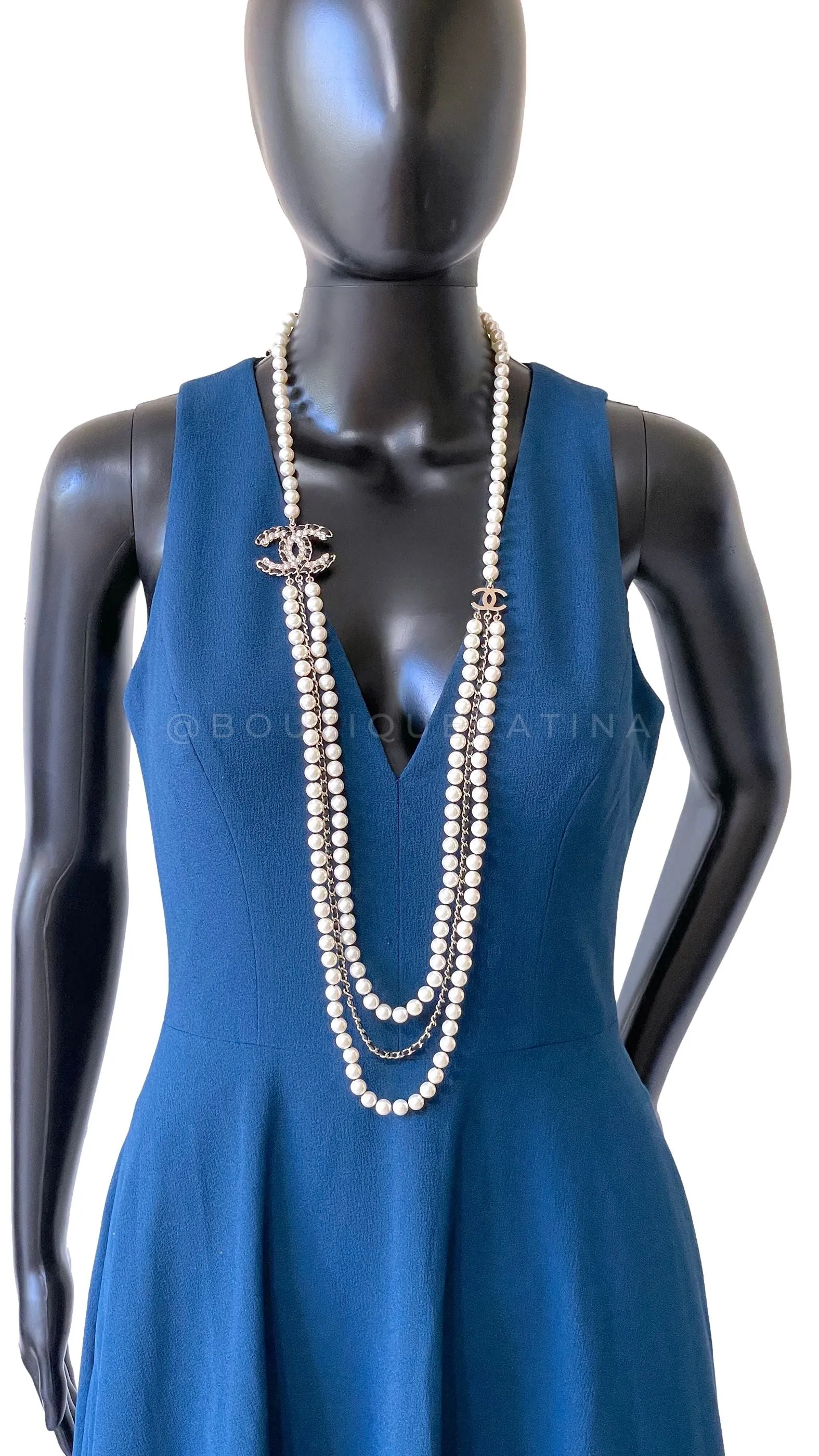 Chanel 20C Long Pearl Necklace Triple Strand Crystal Woven CC