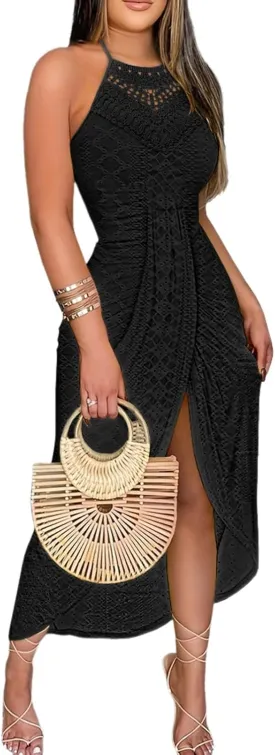 CHICME Womens Summer Halter Dress Hollow Out A Line Vacation Dresses with Eyelet Embroidery & Side Slit
