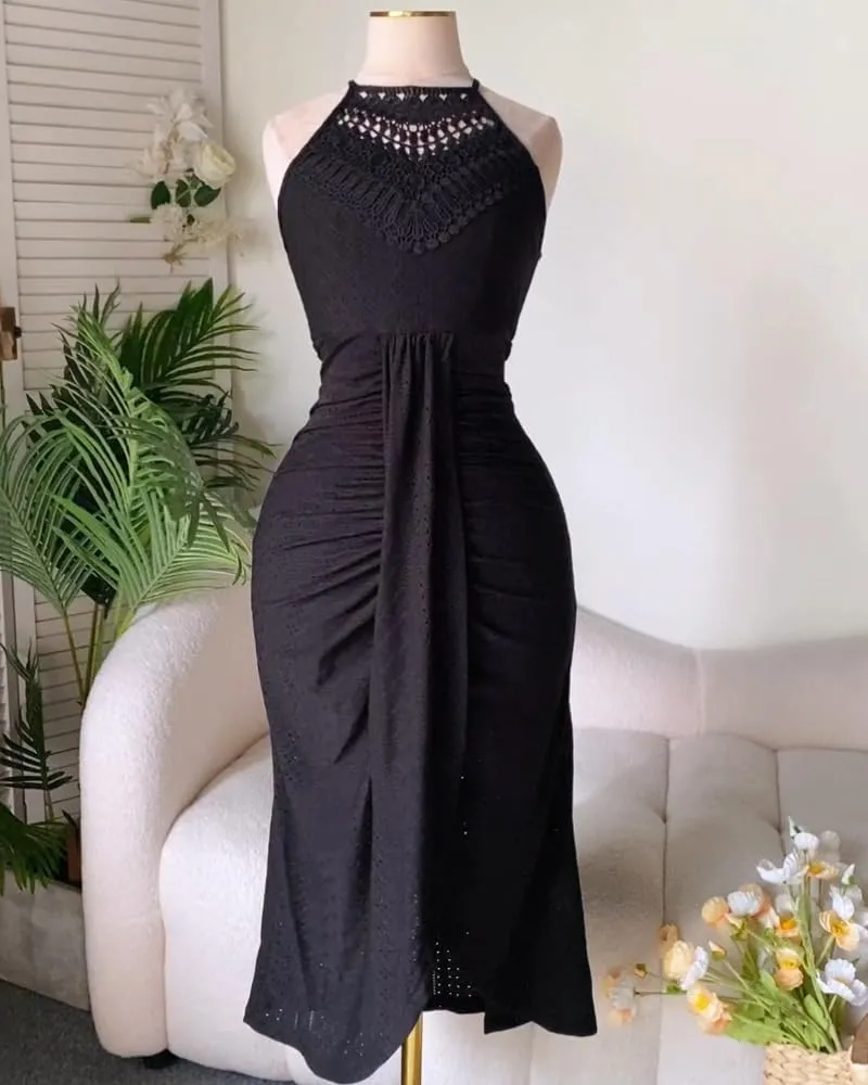 CHICME Womens Summer Halter Dress Hollow Out A Line Vacation Dresses with Eyelet Embroidery & Side Slit