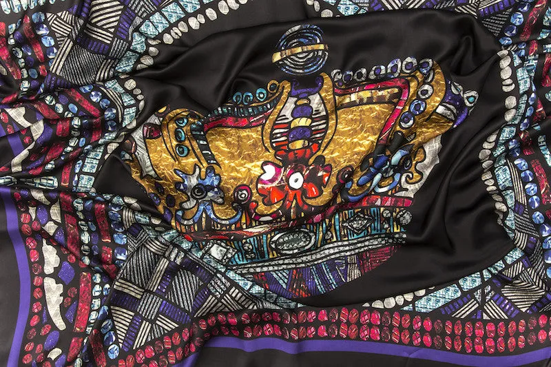 Crowns Black Silk Satin Scarf