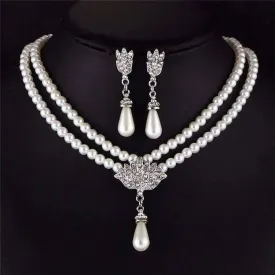 Crystal Medallion Two Strand Ivory Pearl Bead Necklace and Earring Set