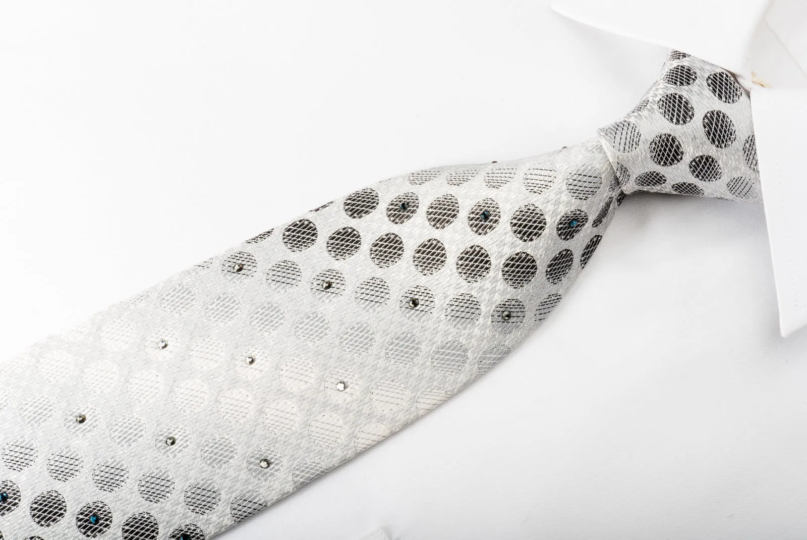 Daks Rhinestone Silk Necktie Silver Dots On White With Silver Sparkles