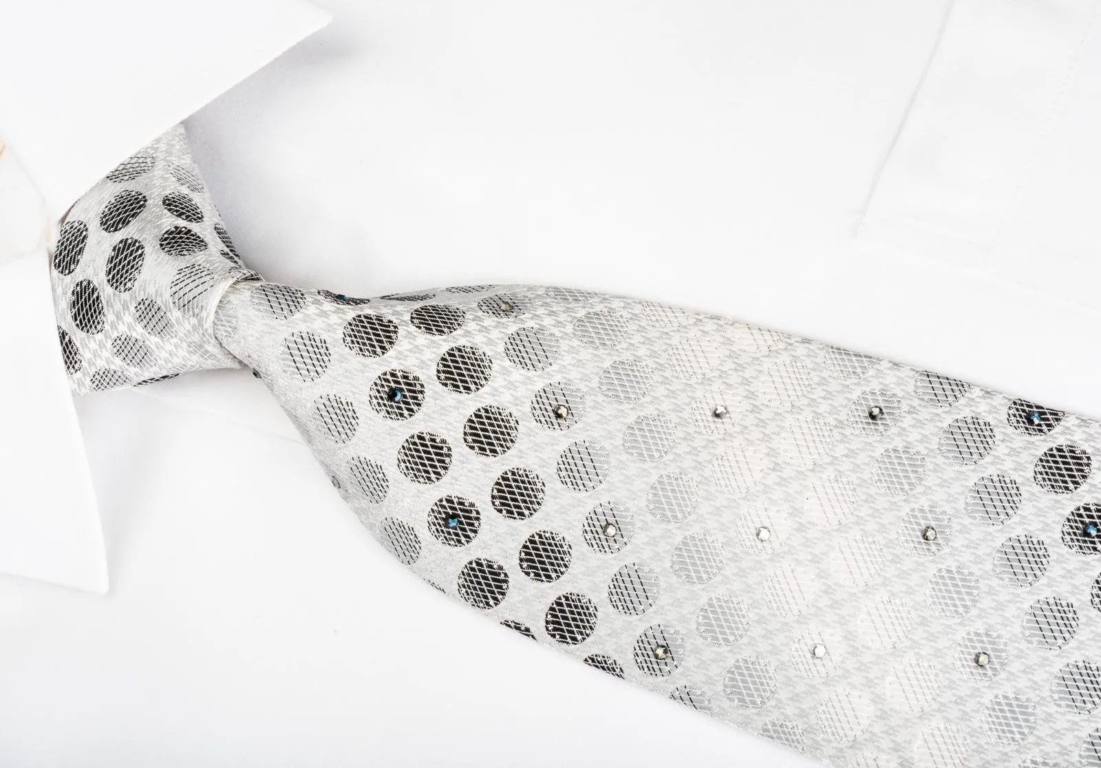 Daks Rhinestone Silk Necktie Silver Dots On White With Silver Sparkles
