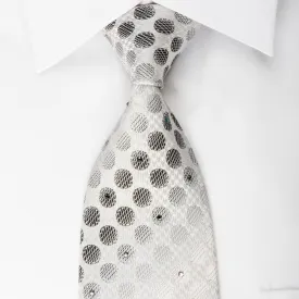 Daks Rhinestone Silk Necktie Silver Dots On White With Silver Sparkles