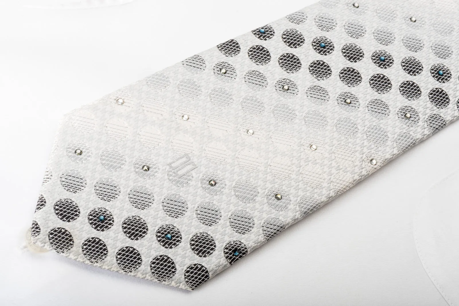 Daks Rhinestone Silk Necktie Silver Dots On White With Silver Sparkles