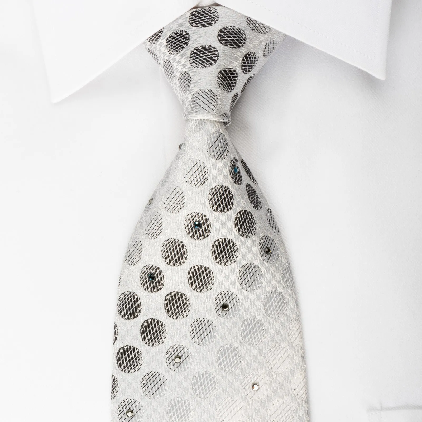 Daks Rhinestone Silk Necktie Silver Dots On White With Silver Sparkles