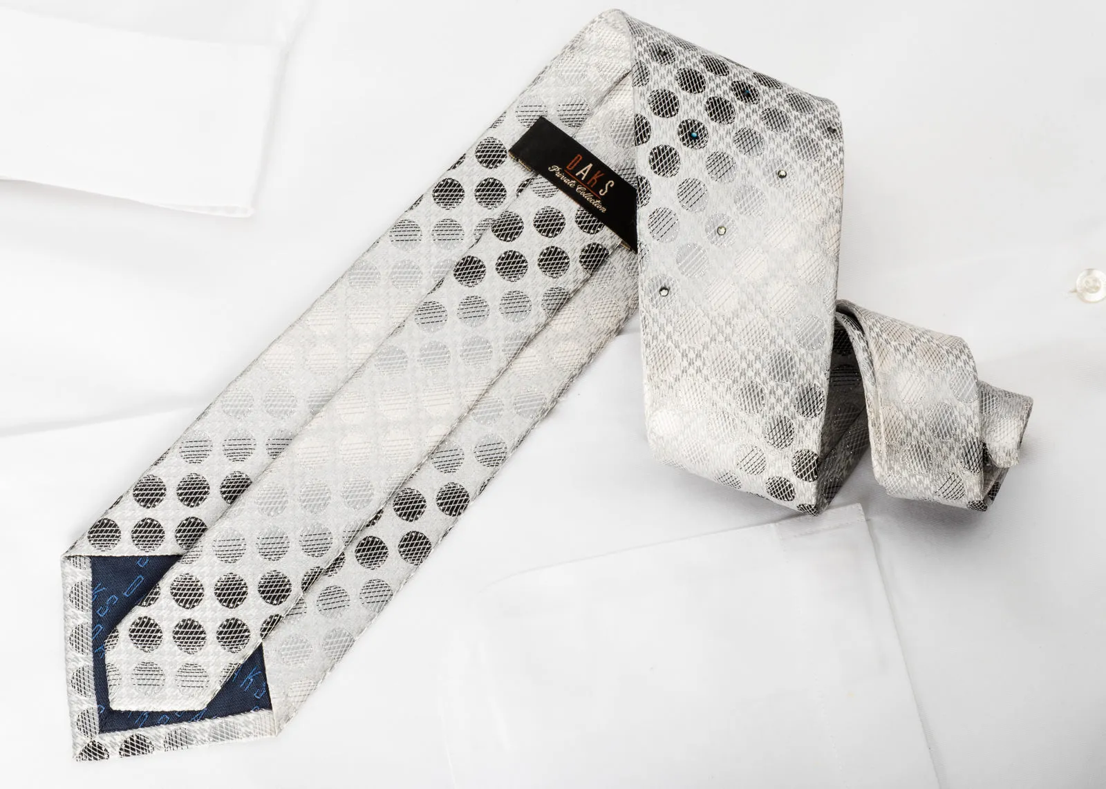 Daks Rhinestone Silk Necktie Silver Dots On White With Silver Sparkles