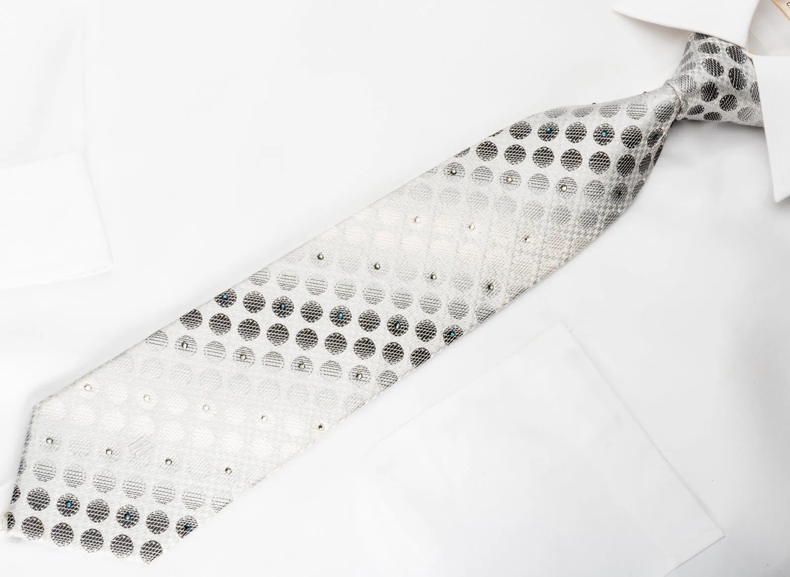 Daks Rhinestone Silk Necktie Silver Dots On White With Silver Sparkles