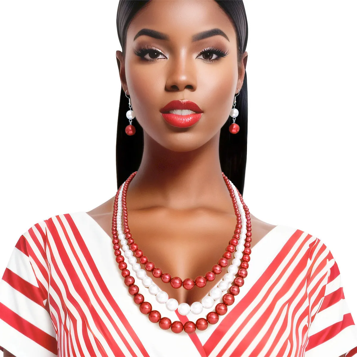Delta Sigma Theta DST Inspired Pearl Necklace Red White 3 Strand Set