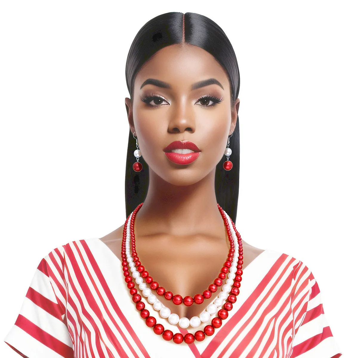 Delta Sigma Theta DST Inspired Pearl Necklace Red White 3 Strand Set