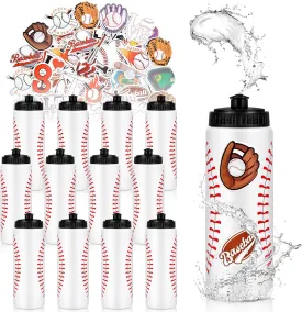 DIQIUREN 12 PCS Baseball Water Bottle Bulk with 300 PCS Stickers, 20 OZ Plastic Reusable Baseball Water Bottles for Boys, Squeeze Water Bottles Sports for Baseball Team, Sports Bottles Squeeze for Gym