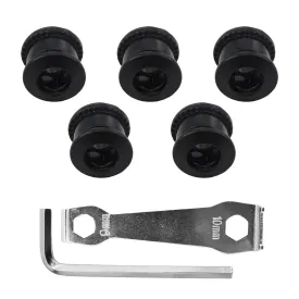 DJC Bike Single Double Chainring Bolts Aluminum or Steel 5pcs in Pack, with M5 hex Wrench and Install Tool Wrench (Steel Black, Single Chainring Bolts)