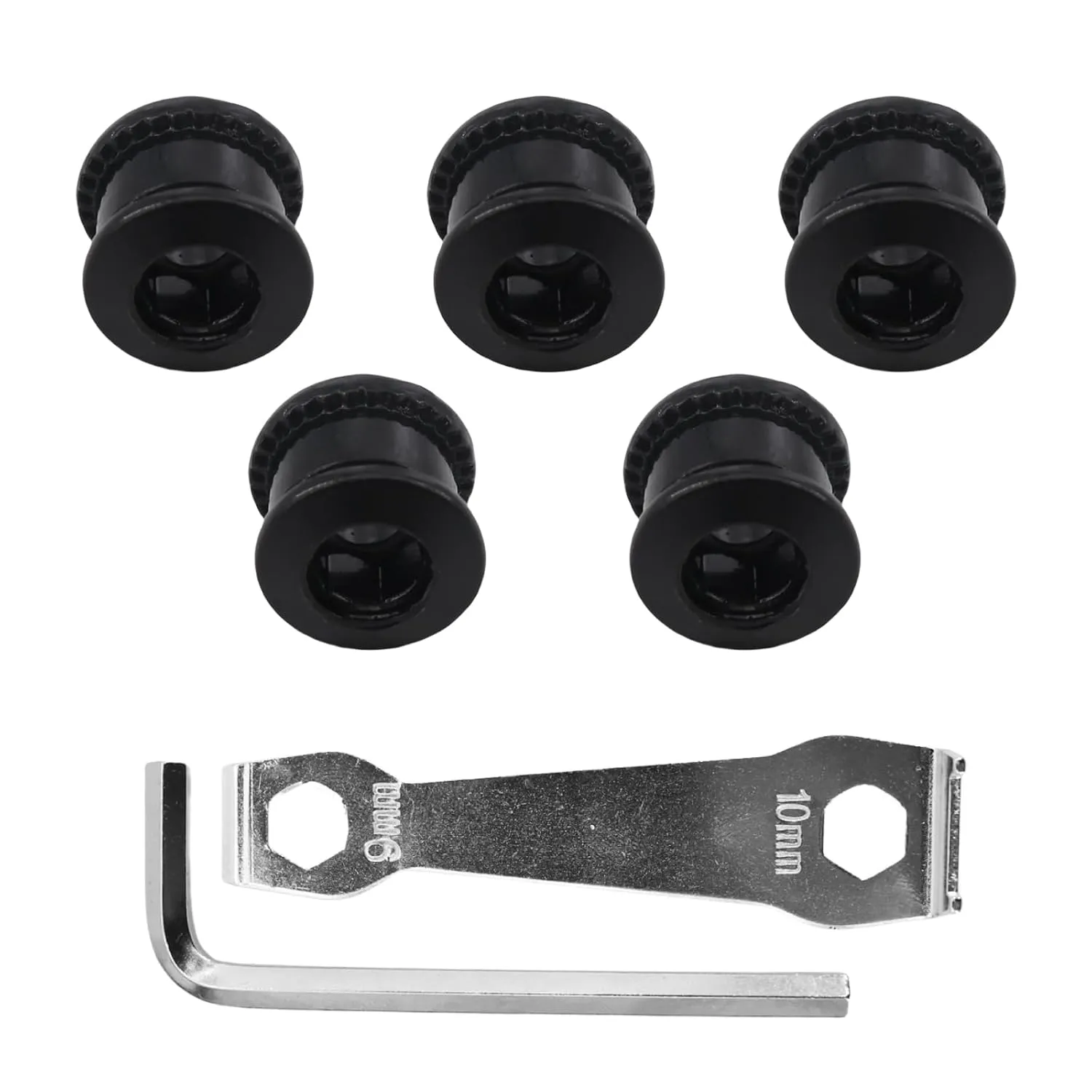 DJC Bike Single Double Chainring Bolts Aluminum or Steel 5pcs in Pack, with M5 hex Wrench and Install Tool Wrench (Steel Black, Single Chainring Bolts)