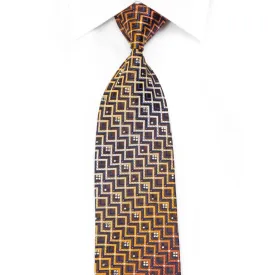 Elegance Men's Rhinestone Silk Necktie Orange Chevron Striped On Brown With Sparkles