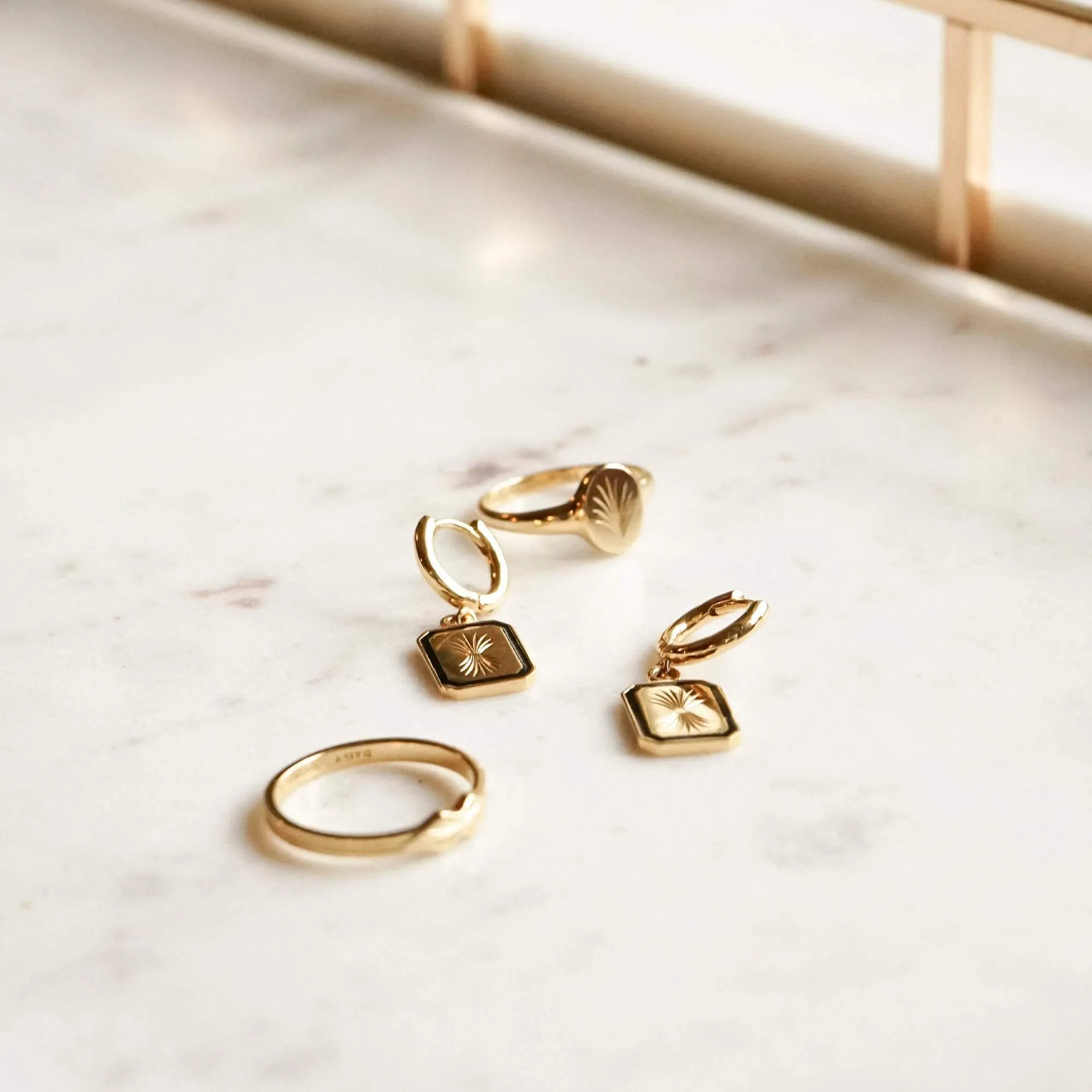 Engraved Enamel Drop Earrings 18ct Gold Plate