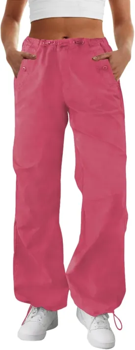 FireSwan Women's Parachute Pants Baggy Cargo Pants Wide Leg Y2K Pants with 4 Pockets Outdoor Travel Casual Hiking