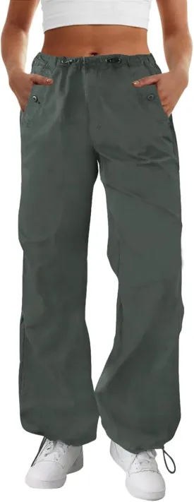 FireSwan Women's Parachute Pants Baggy Cargo Pants Wide Leg Y2K Pants with 4 Pockets Outdoor Travel Casual Hiking