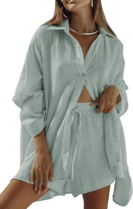 Fixmatti Women 2 Piece Outfits Long Sleeve Button Down Blouse and Shorts Sweatsuit Sets