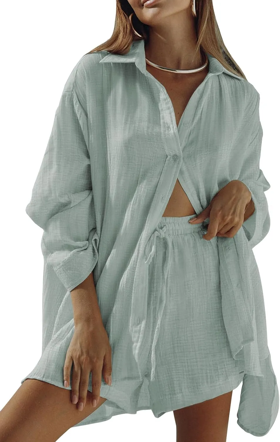 Fixmatti Women 2 Piece Outfits Long Sleeve Button Down Blouse and Shorts Sweatsuit Sets