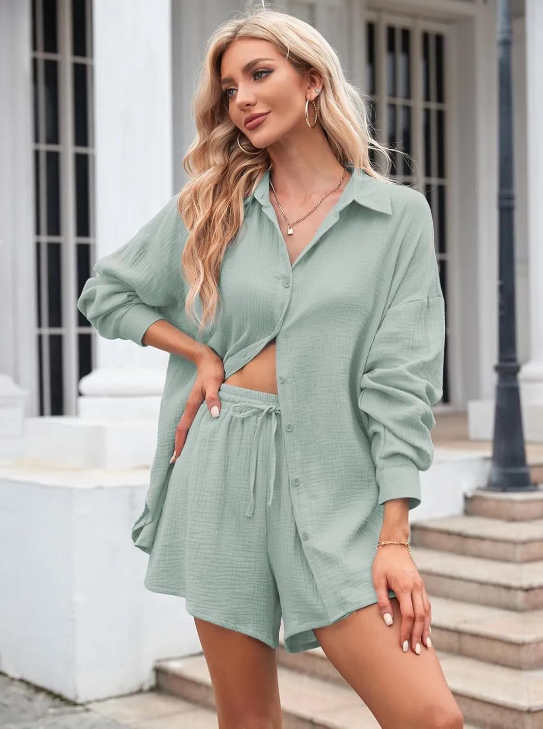 Fixmatti Women 2 Piece Outfits Long Sleeve Button Down Blouse and Shorts Sweatsuit Sets