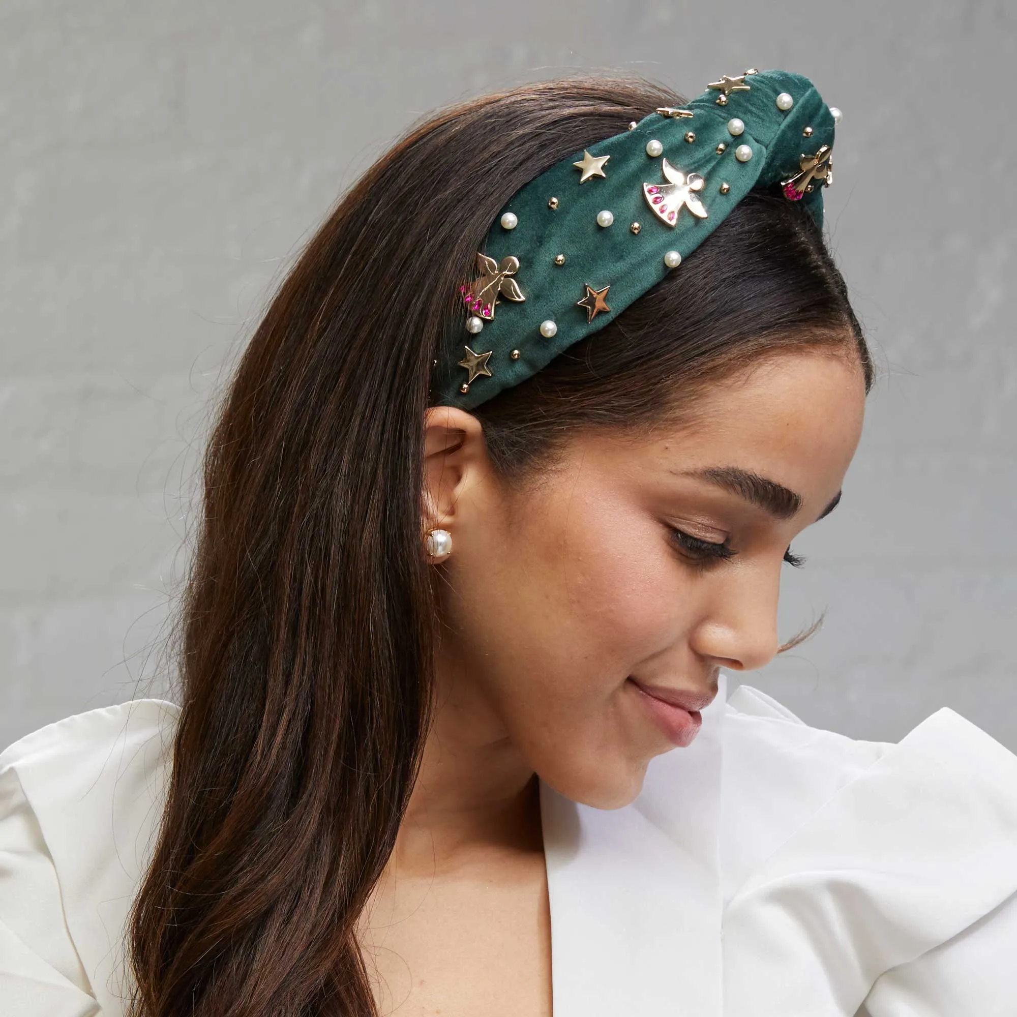 FOREST GREEN ANGEL BELL EMBELLISHED KNOTTED HEADBAND