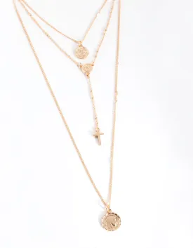 Gold Cross & Pendant Multi Row Necklace