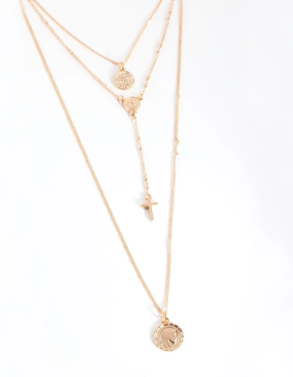 Gold Cross & Pendant Multi Row Necklace