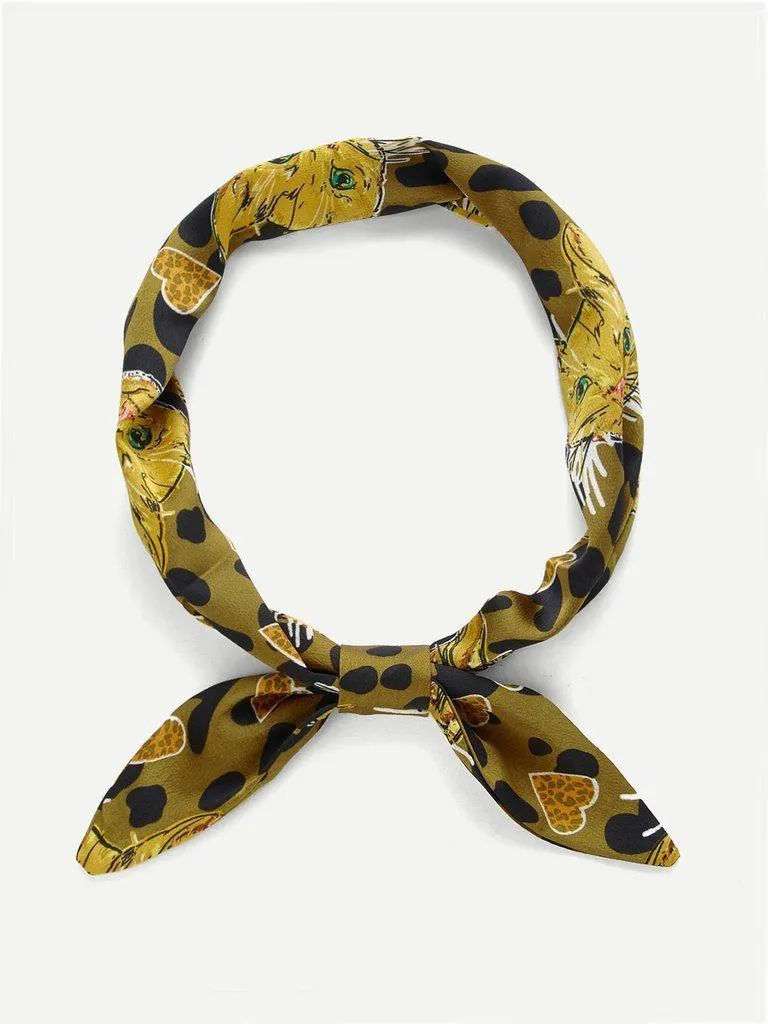 Heart & Cat Print Twilly Scarf