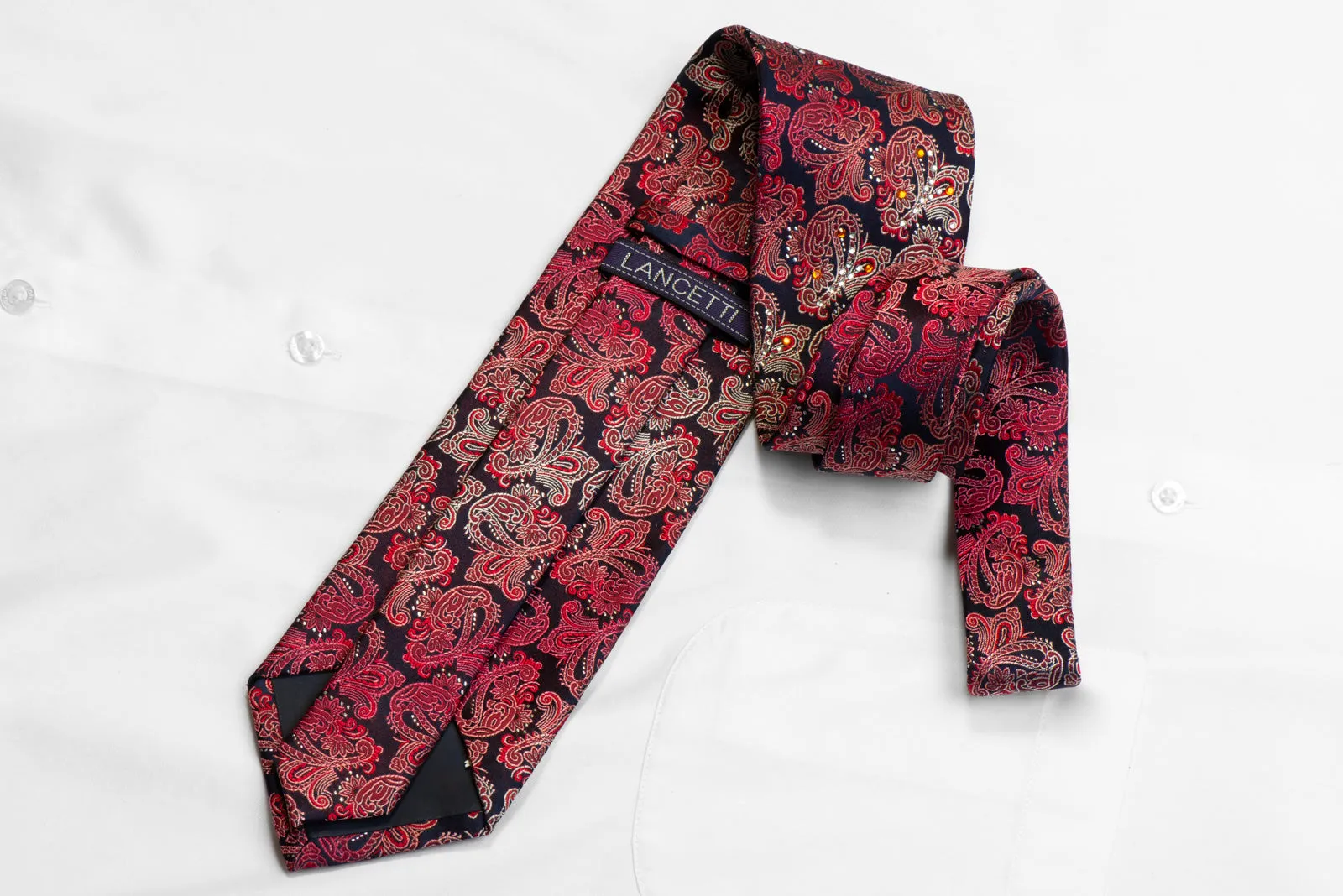 Lancetti Silk Tie Red Burgundy Paisley On Navy With Rhinestones & Sparkles