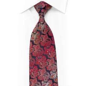Lancetti Silk Tie Red Burgundy Paisley On Navy With Rhinestones & Sparkles