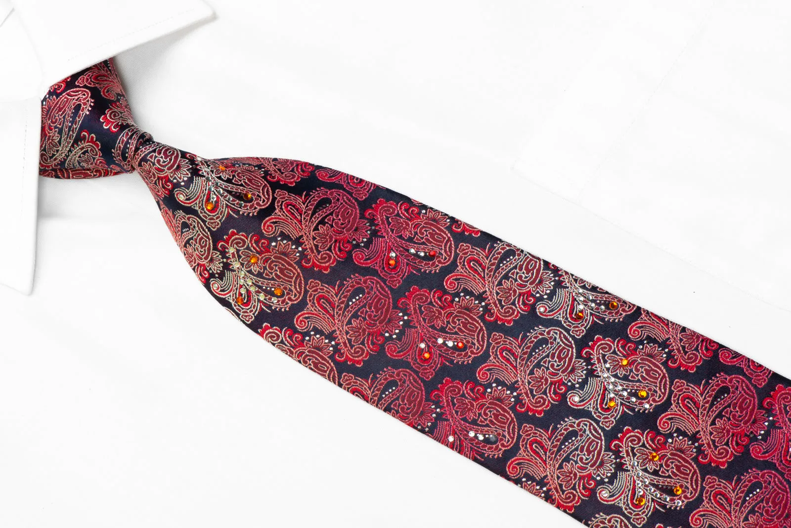Lancetti Silk Tie Red Burgundy Paisley On Navy With Rhinestones & Sparkles