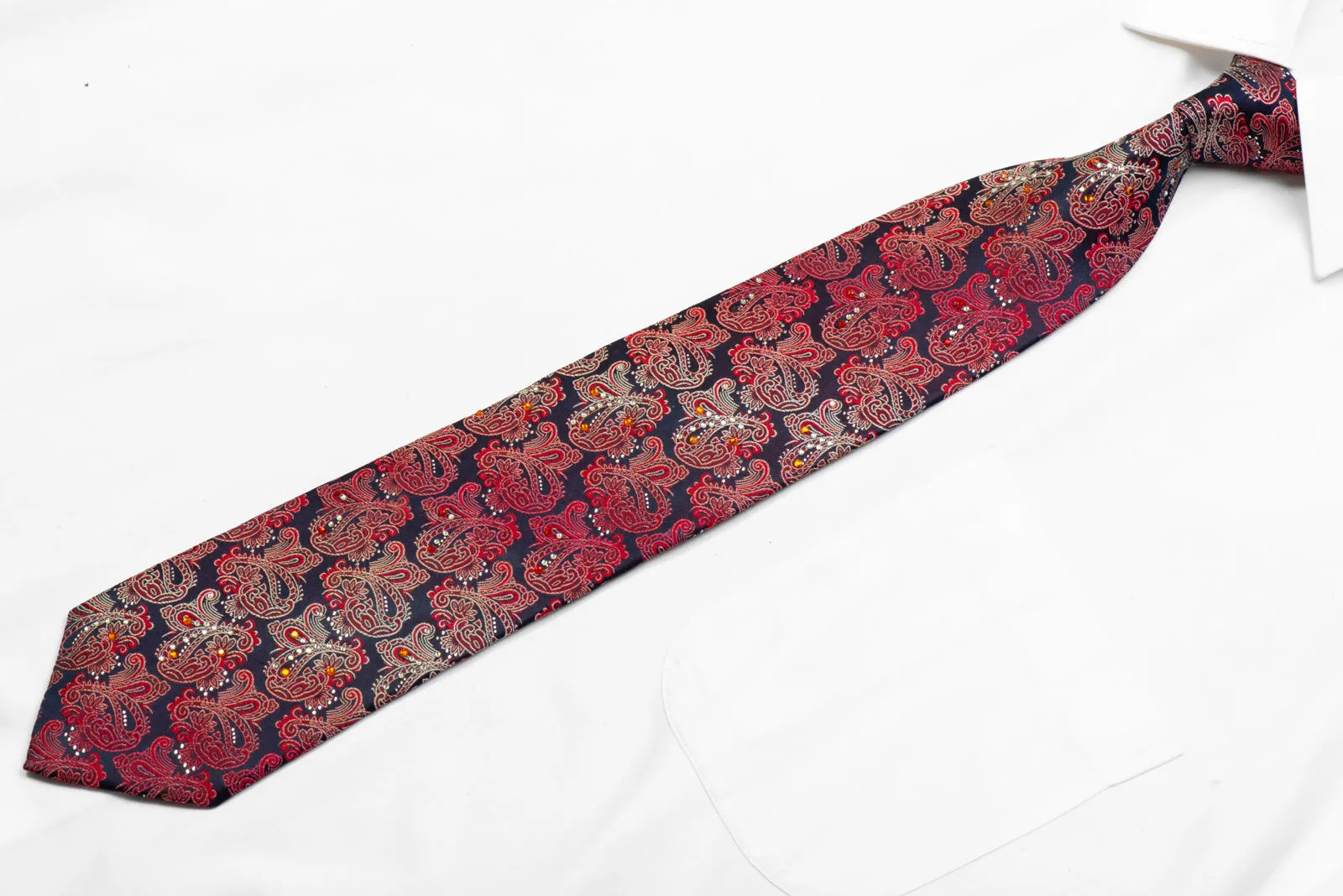 Lancetti Silk Tie Red Burgundy Paisley On Navy With Rhinestones & Sparkles
