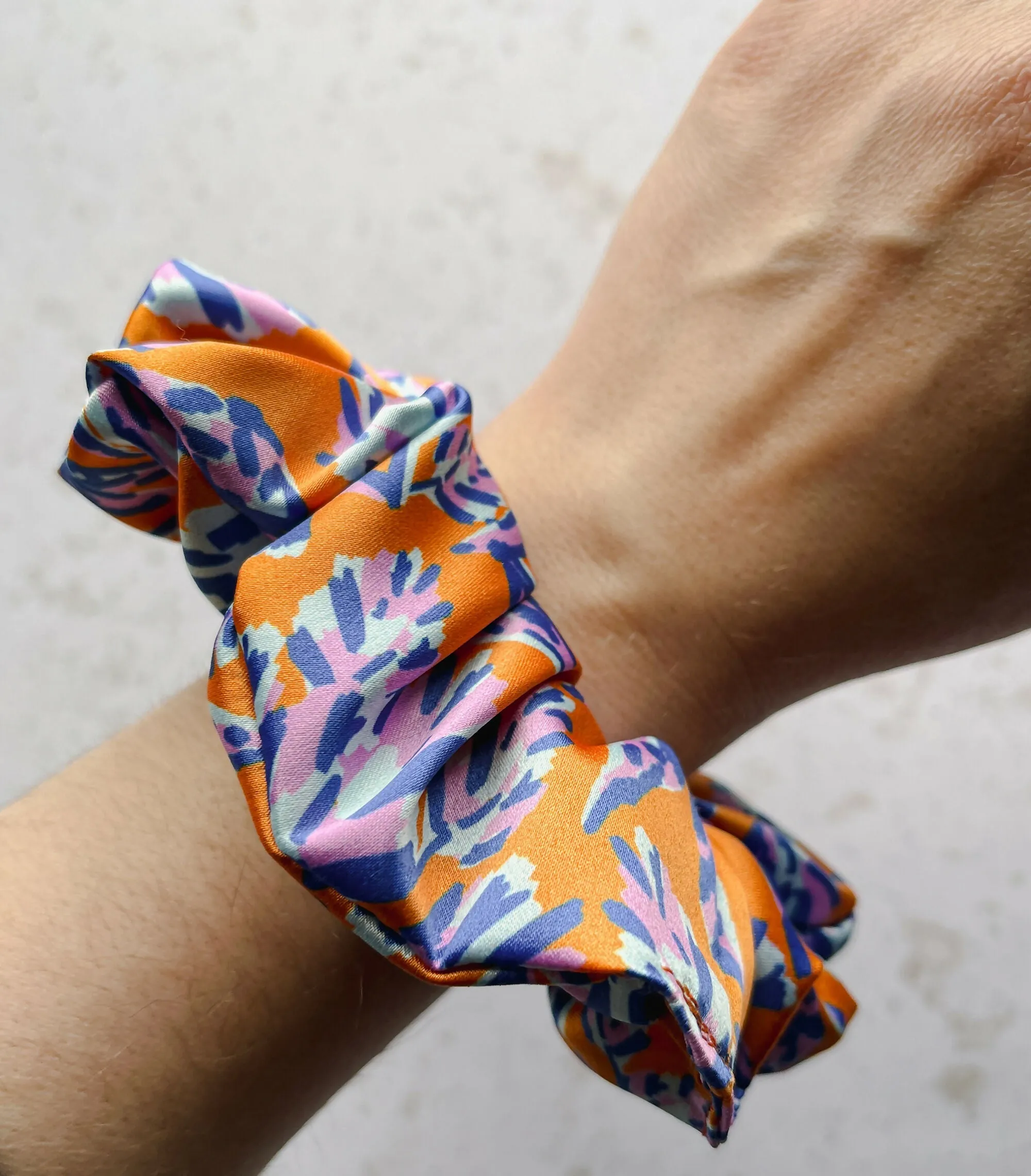 Large Orange Botanical Print Satin Eco Scrunchie