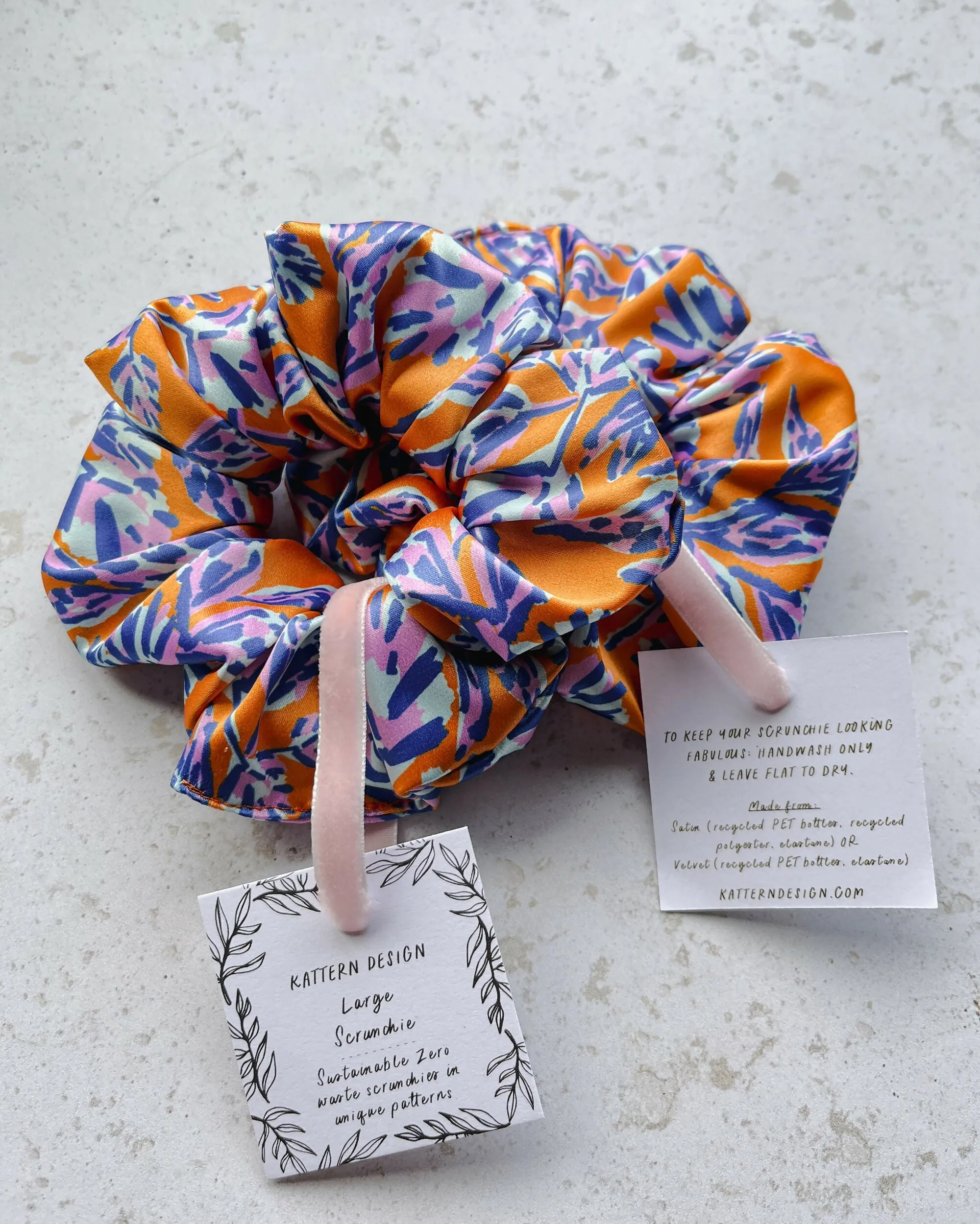 Large Orange Botanical Print Satin Eco Scrunchie