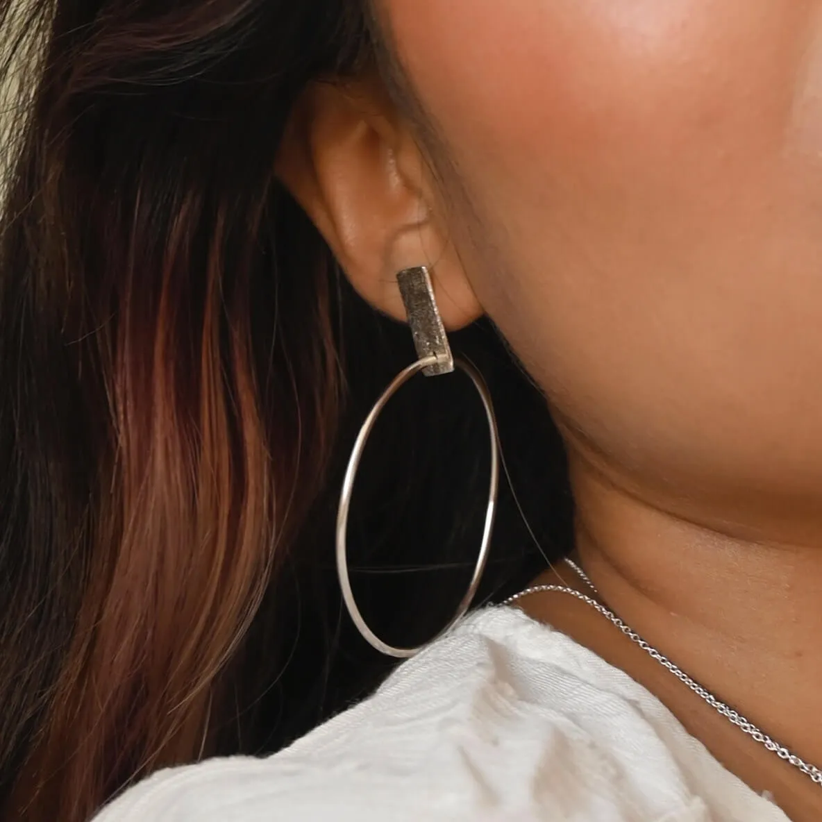 Large Silver Drop Hoop Earrings