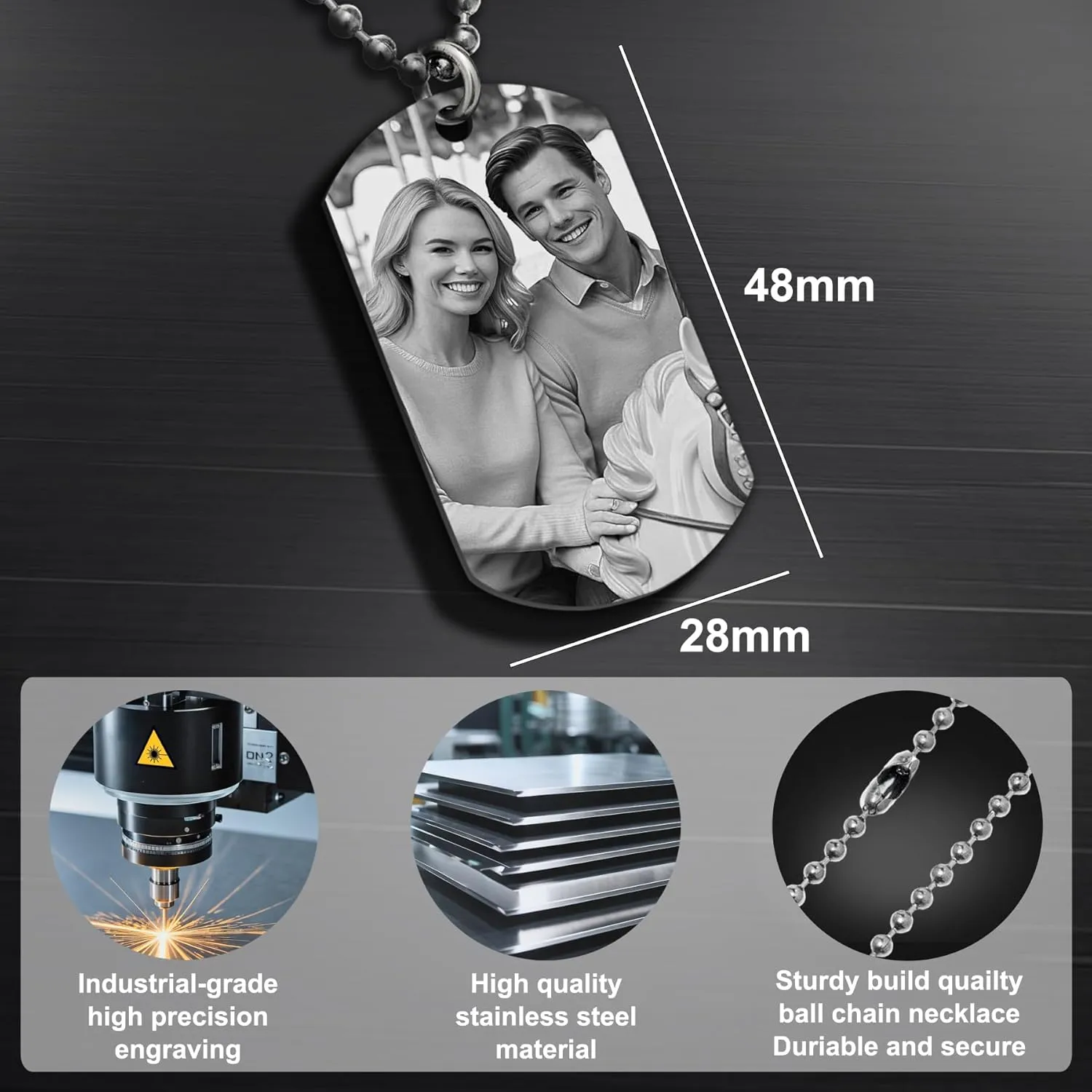 Laser Engraved Photo Pendant/Custom Full Color Printing Personalized Love Note Message Stainless Steel Ball Chain Necklace 24" Handmade